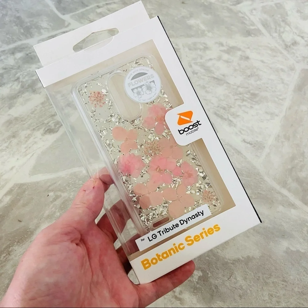 LG tribute dynasty pink silver sparkly pressed flower Botanic series phone case